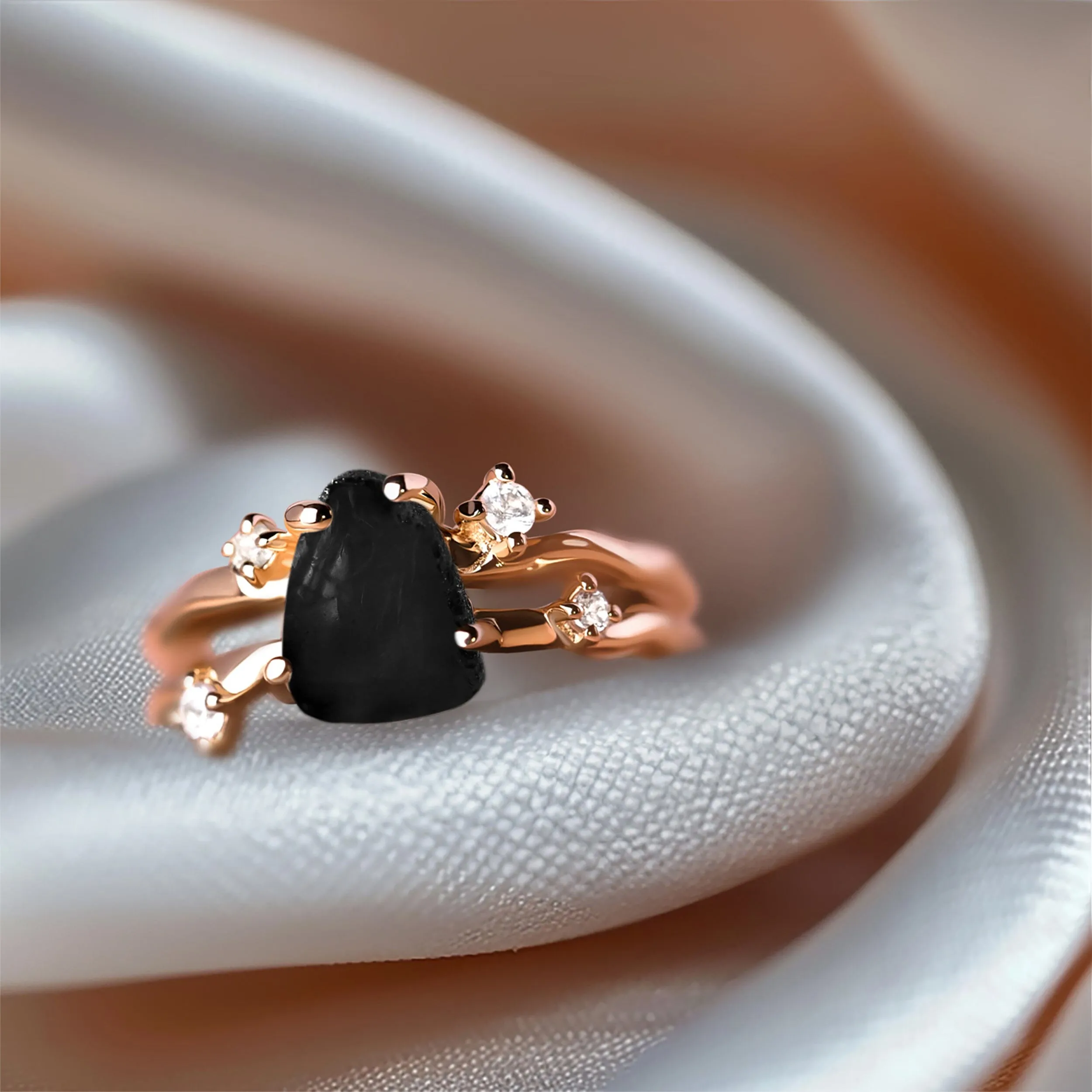 Raw Crystal Solid Gold Ring - Flow Black Obsidian