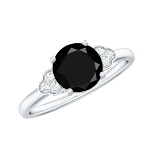 Real Black Onyx Solitaire Engagement Ring with Diamond Trio