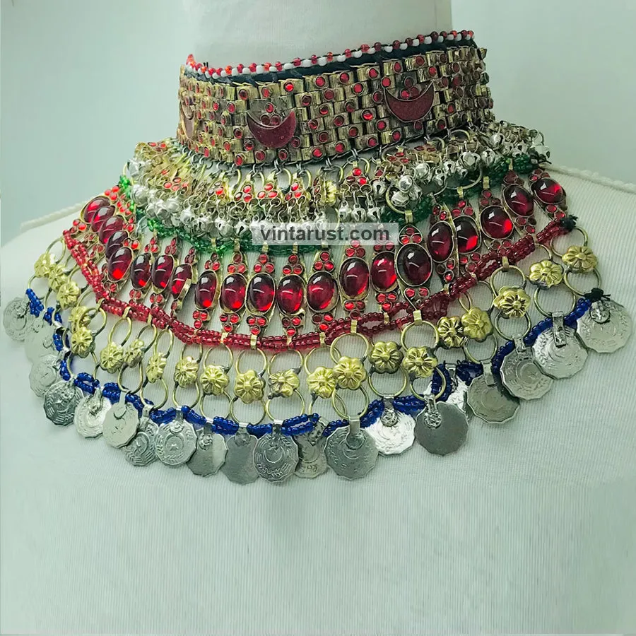 Red Stones With Vintage Coins Multilayer Choker Necklace