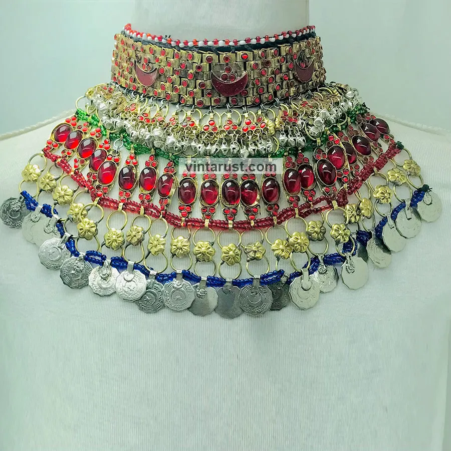 Red Stones With Vintage Coins Multilayer Choker Necklace