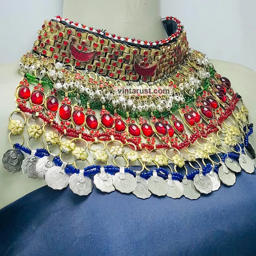 Red Stones With Vintage Coins Multilayer Choker Necklace