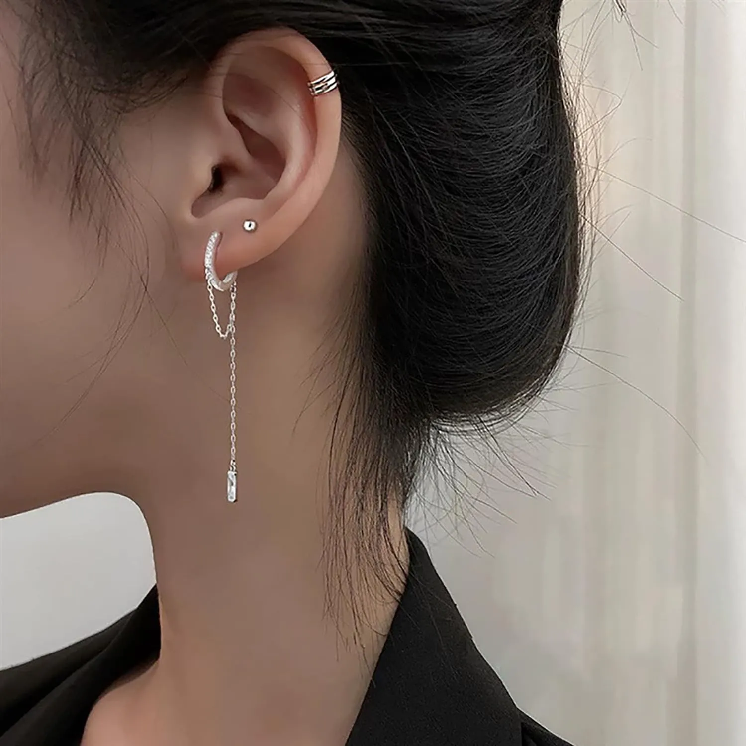 Reffeer 925 Sterling Silver CZ Chain Hoop Earrings Dangle for Women Teens Dangle Earrings Chain Drop Earrings Huggie