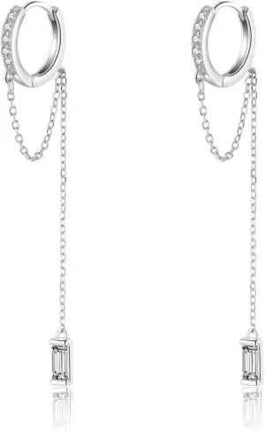 Reffeer 925 Sterling Silver CZ Chain Hoop Earrings Dangle for Women Teens Dangle Earrings Chain Drop Earrings Huggie