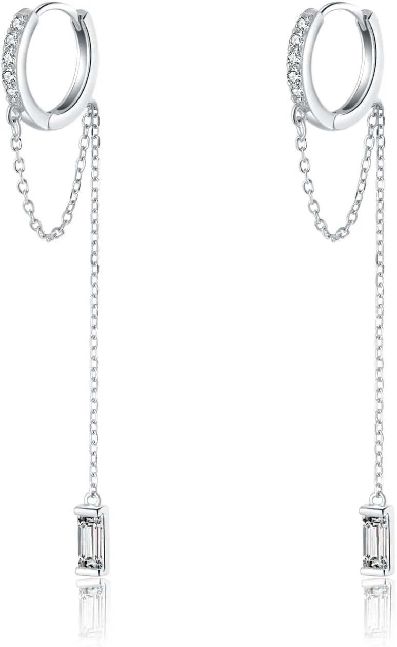 Reffeer 925 Sterling Silver CZ Chain Hoop Earrings Dangle for Women Teens Dangle Earrings Chain Drop Earrings Huggie