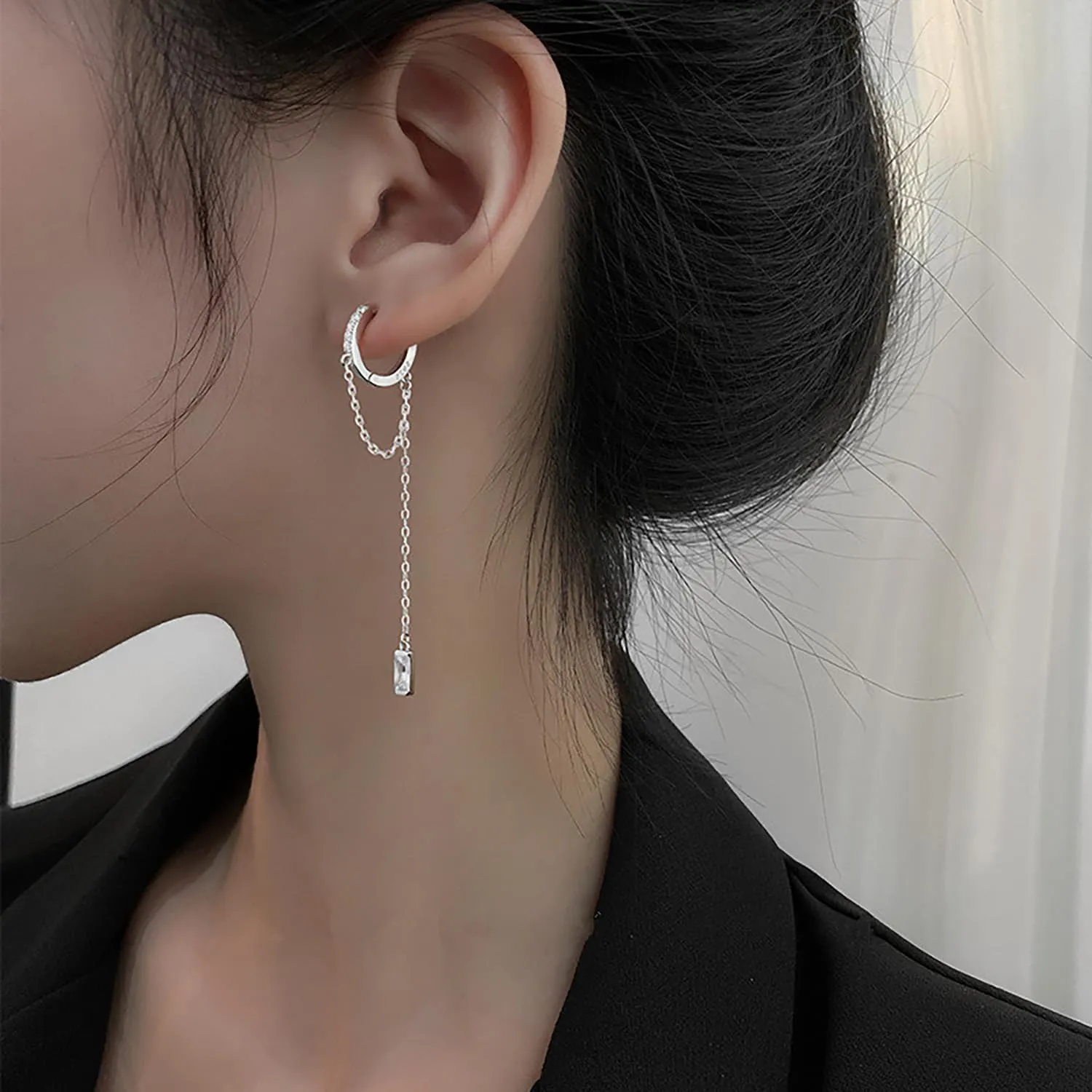 Reffeer 925 Sterling Silver CZ Chain Hoop Earrings Dangle for Women Teens Dangle Earrings Chain Drop Earrings Huggie