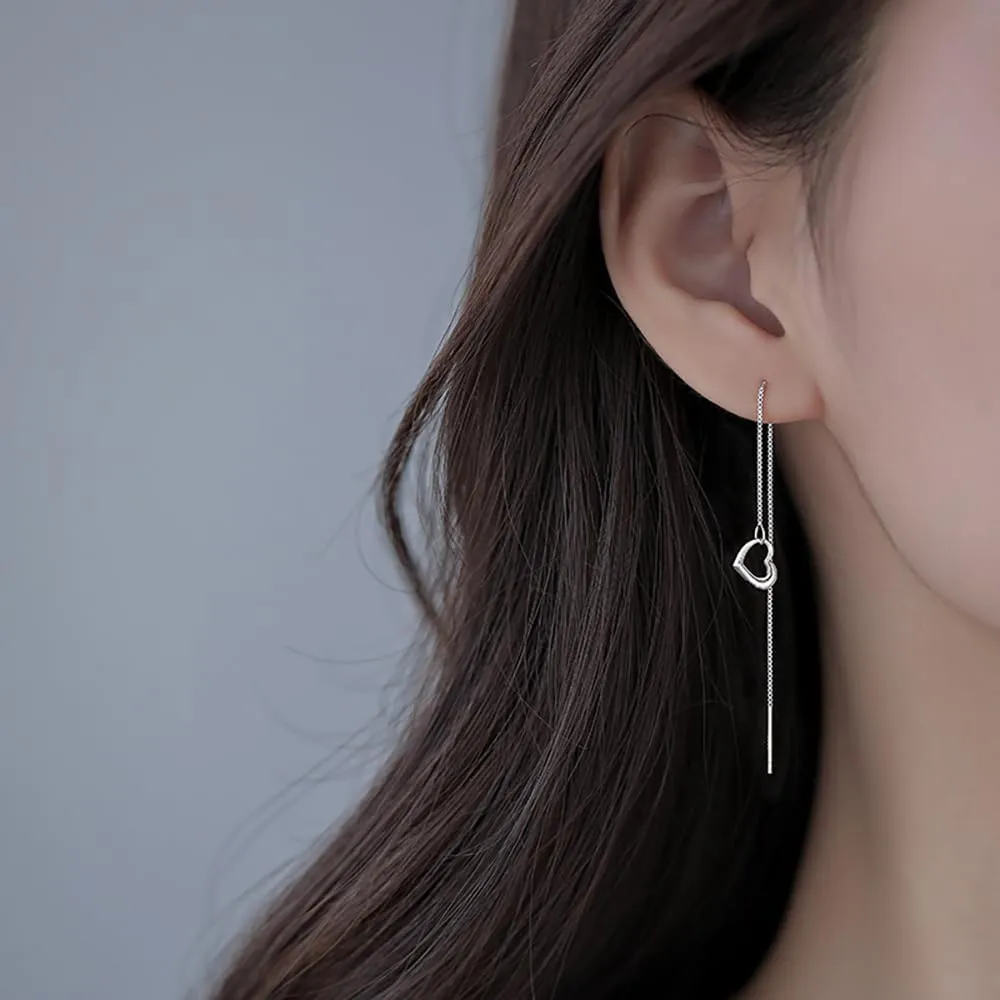 Reffeer Solid 925 Sterling Silver Love Heart Chain Dangle Earrings Drops for Women Teens Heart Tassel Dangle Earrings Threader