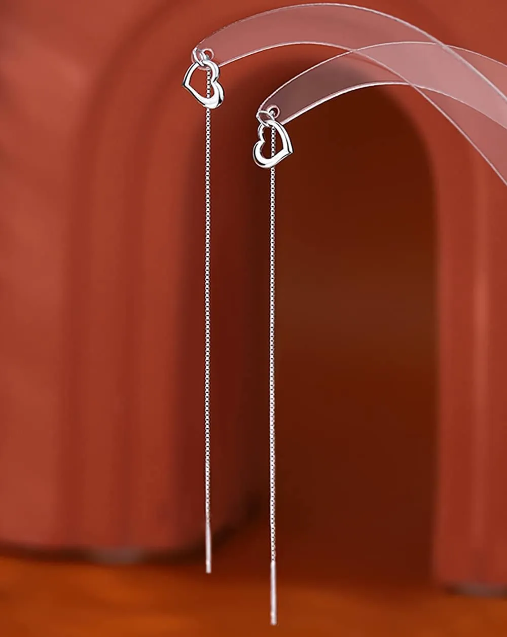 Reffeer Solid 925 Sterling Silver Love Heart Chain Dangle Earrings Drops for Women Teens Heart Tassel Dangle Earrings Threader