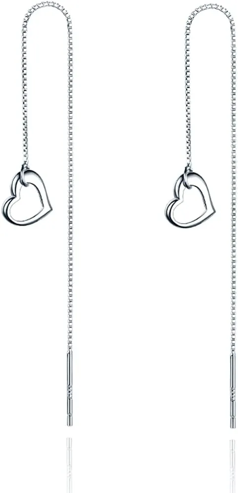 Reffeer Solid 925 Sterling Silver Love Heart Chain Dangle Earrings Drops for Women Teens Heart Tassel Dangle Earrings Threader