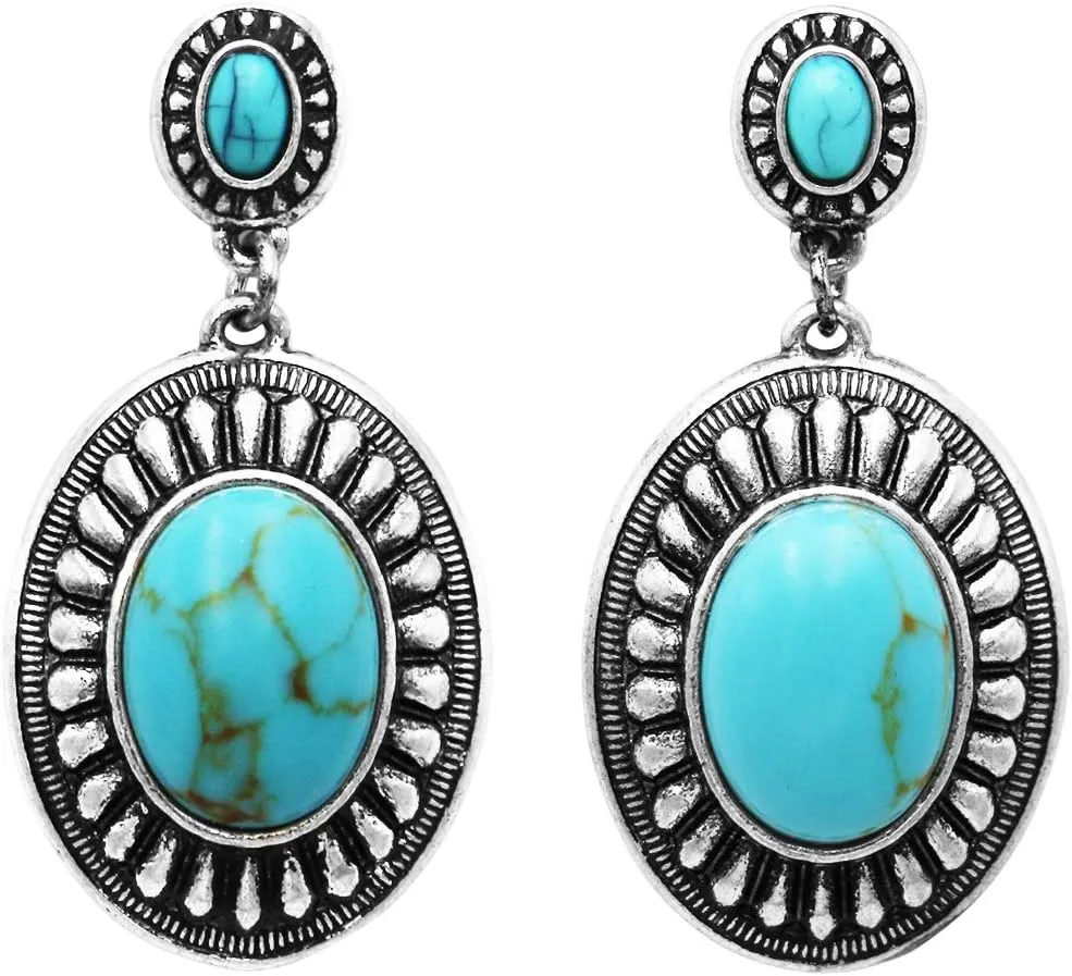 Rosemarie Collections Women's Rodeo Western Statement Double Concho Style Turquoise Drop Dangle Earrings, 1.75"