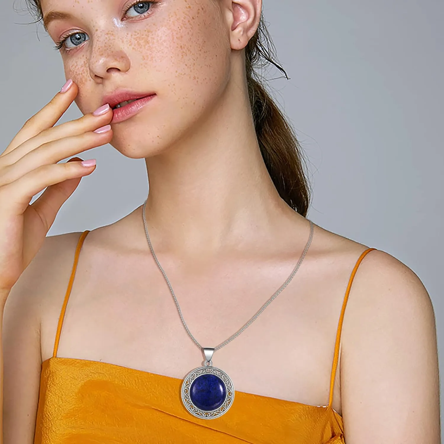 Round Gemstone Necklace Stainless Steel Round Pendant Healing Energy Crystals Semi-Precious Stones Jewelry Christmas Gift for Women Men