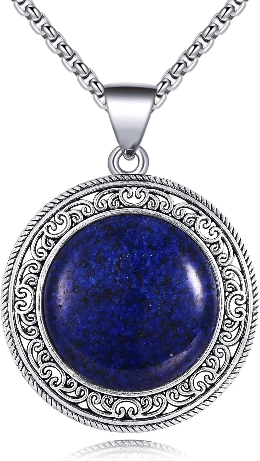 Round Gemstone Necklace Stainless Steel Round Pendant Healing Energy Crystals Semi-Precious Stones Jewelry Christmas Gift for Women Men
