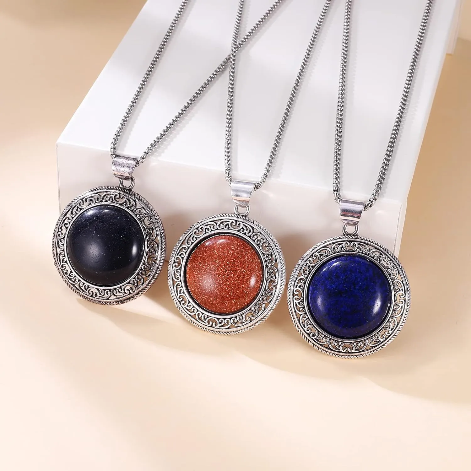 Round Gemstone Necklace Stainless Steel Round Pendant Healing Energy Crystals Semi-Precious Stones Jewelry Christmas Gift for Women Men