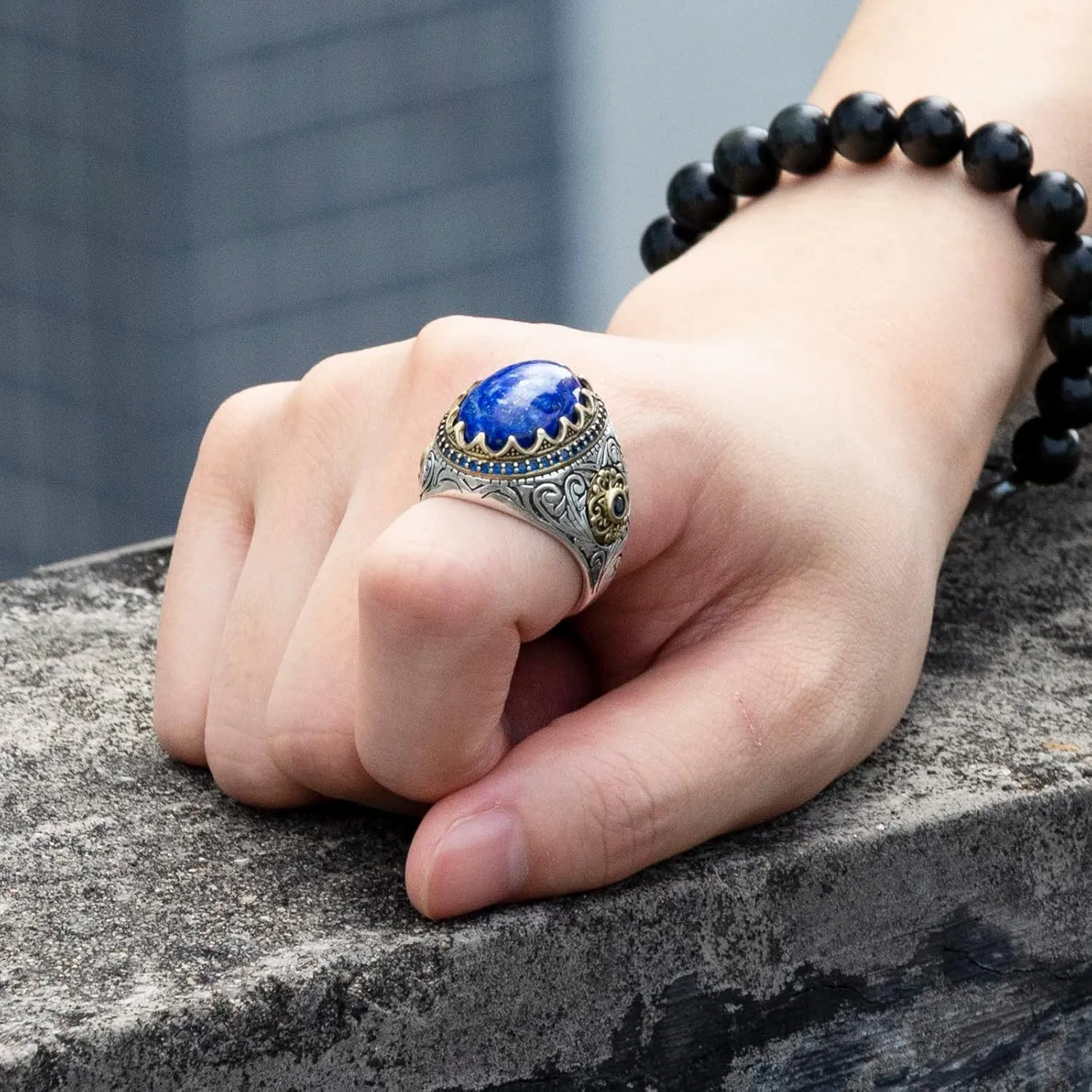 S925 Sterling Silver Ring Natural Lapis Lazuli Men's Ring, Turkish Vintage Engraving Design Handmade Jewelry, With Oval Blue Stone Punk Rock Male Statement Ring,Vintage Gemstone For Festival Anniversary Birthday Gifts
