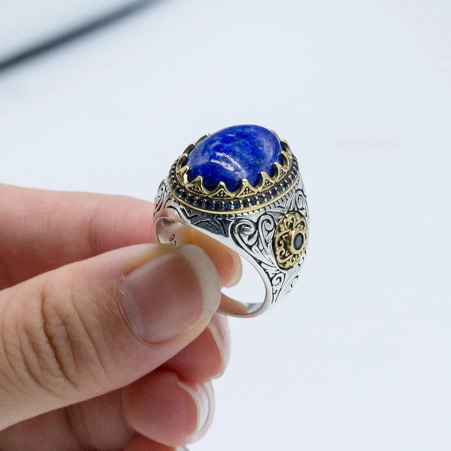 S925 Sterling Silver Ring Natural Lapis Lazuli Men's Ring, Turkish Vintage Engraving Design Handmade Jewelry, With Oval Blue Stone Punk Rock Male Statement Ring,Vintage Gemstone For Festival Anniversary Birthday Gifts