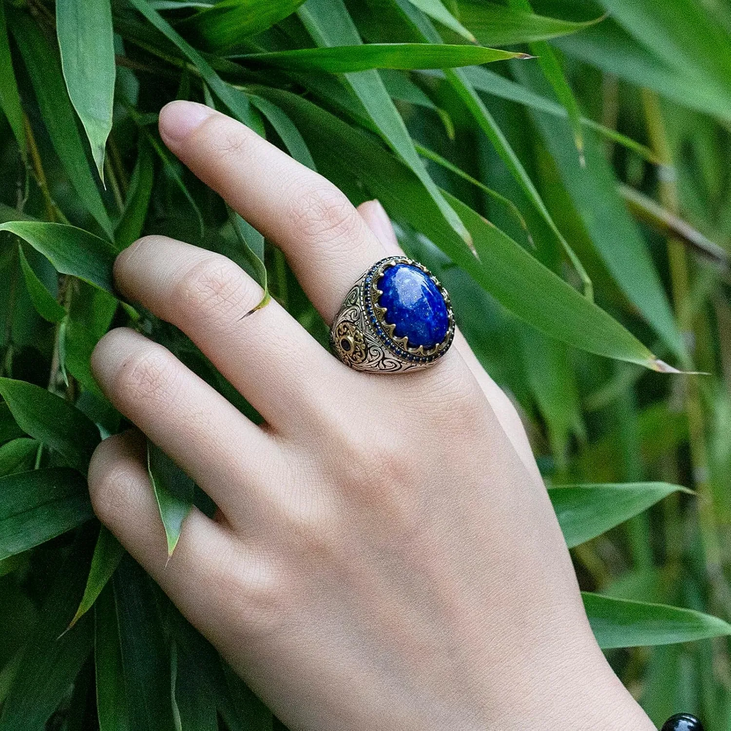 S925 Sterling Silver Ring Natural Lapis Lazuli Men's Ring, Turkish Vintage Engraving Design Handmade Jewelry, With Oval Blue Stone Punk Rock Male Statement Ring,Vintage Gemstone For Festival Anniversary Birthday Gifts