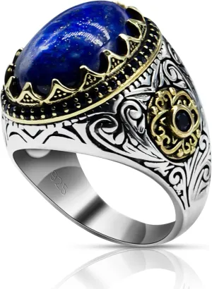 S925 Sterling Silver Ring Natural Lapis Lazuli Men's Ring, Turkish Vintage Engraving Design Handmade Jewelry, With Oval Blue Stone Punk Rock Male Statement Ring,Vintage Gemstone For Festival Anniversary Birthday Gifts