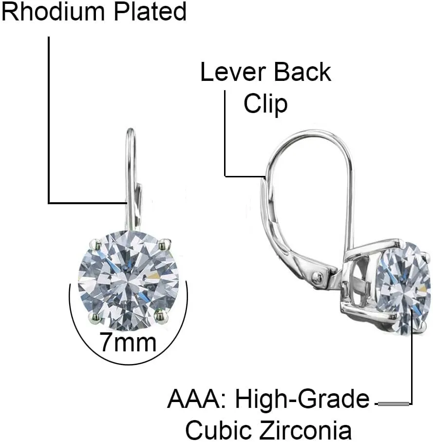 Savlano Rhodium Plated 7MM Solitaire Cubic Zirconia Leverback Round Cut Drop Earrings  Dangle Earrings for Women Comes with Savlano Gift Box