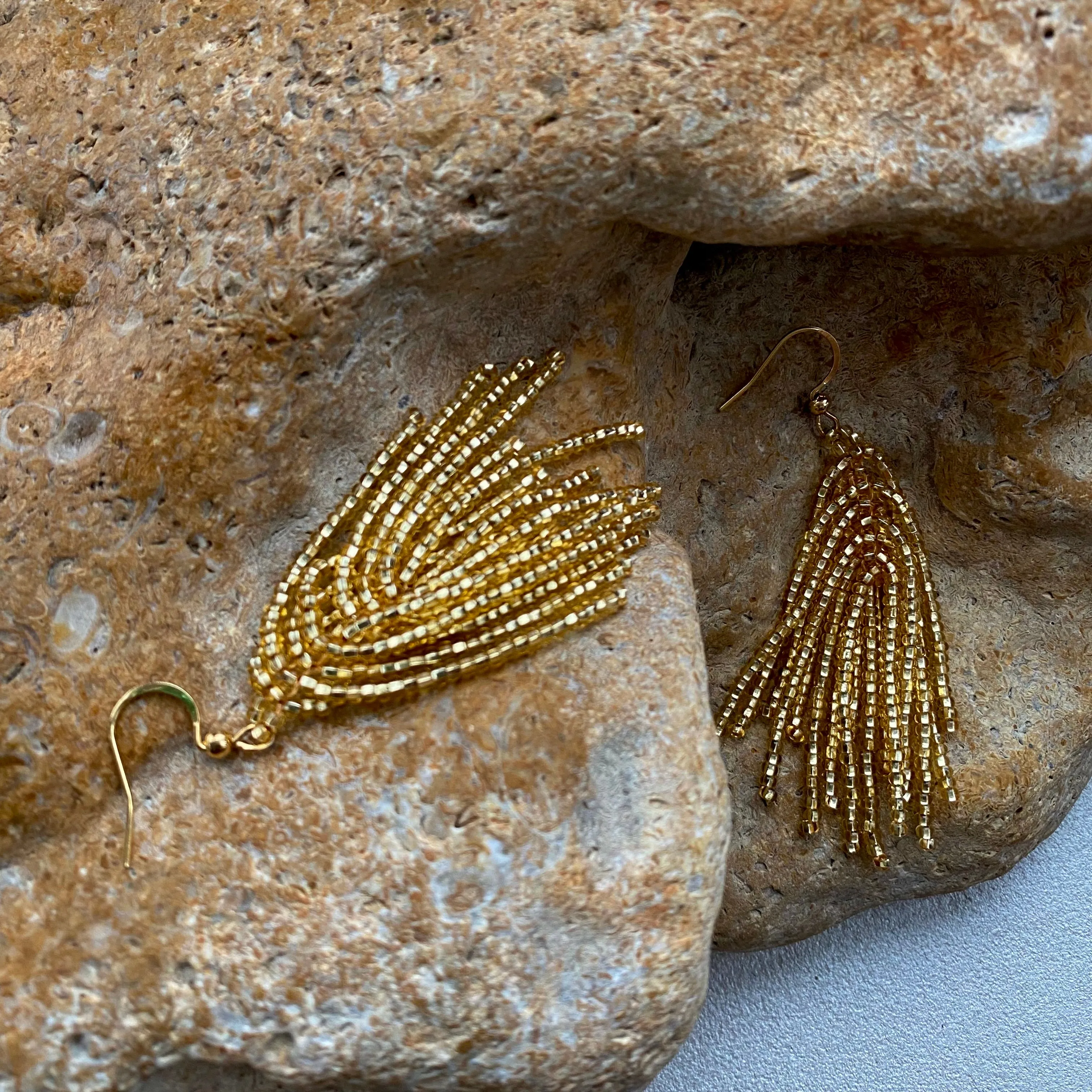 Shiny Gold Seed Bead Tassel Earrings Women, Long dangle Tassle earrings Festive, Bohemian earrings, Boho Earrings, Unique Statement Earrings