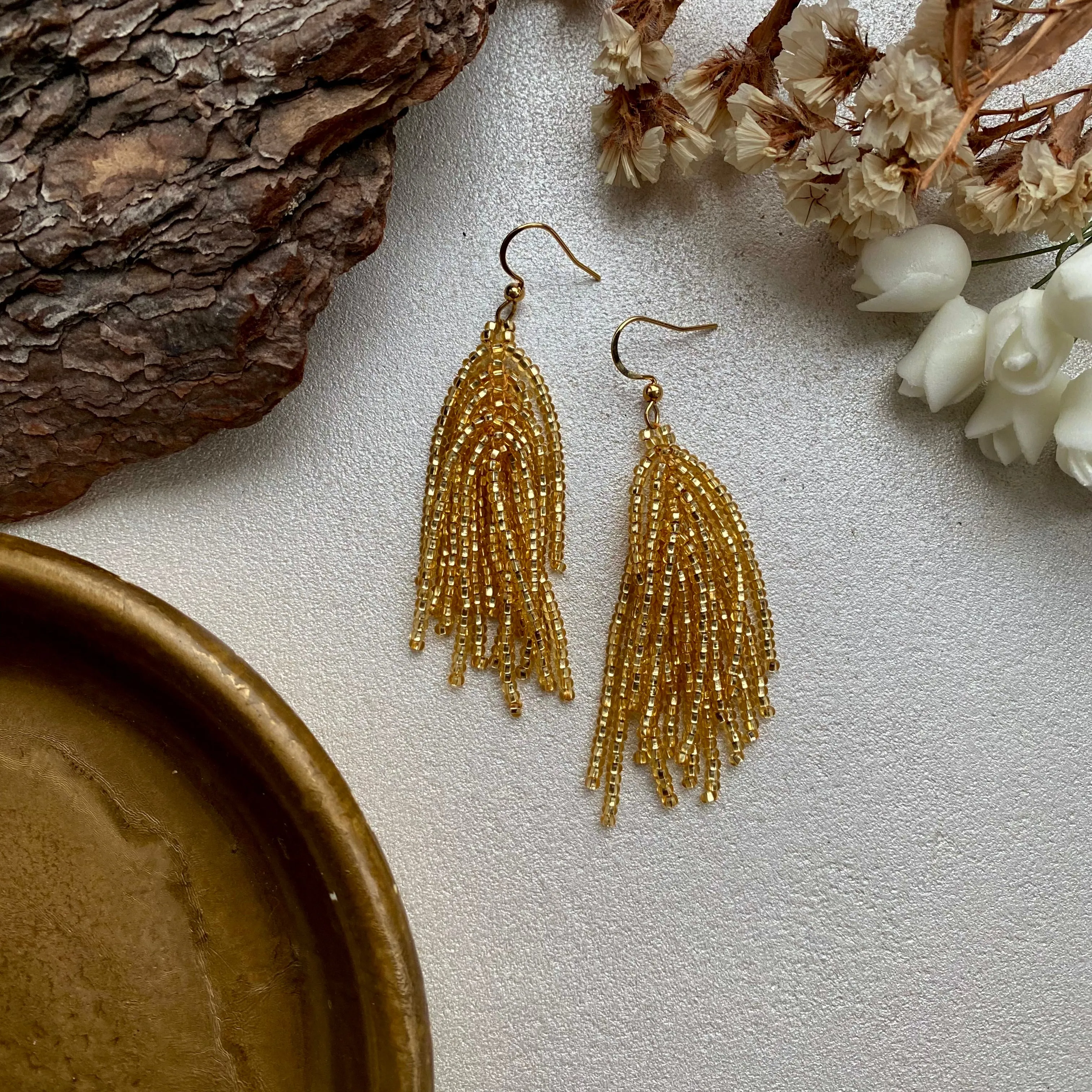 Shiny Gold Seed Bead Tassel Earrings Women, Long dangle Tassle earrings Festive, Bohemian earrings, Boho Earrings, Unique Statement Earrings