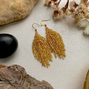 Shiny Gold Seed Bead Tassel Earrings Women, Long dangle Tassle earrings Festive, Bohemian earrings, Boho Earrings, Unique Statement Earrings