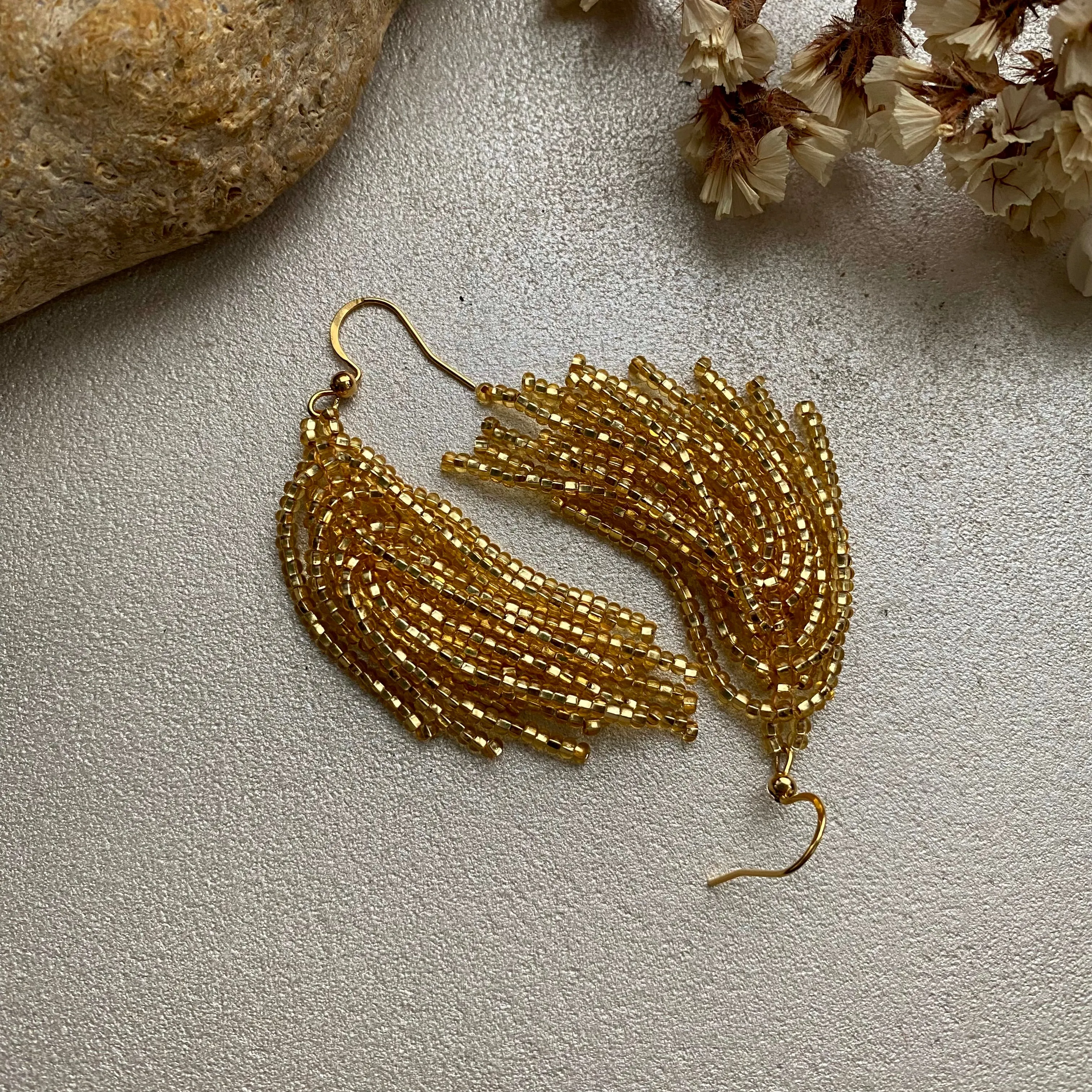 Shiny Gold Seed Bead Tassel Earrings Women, Long dangle Tassle earrings Festive, Bohemian earrings, Boho Earrings, Unique Statement Earrings