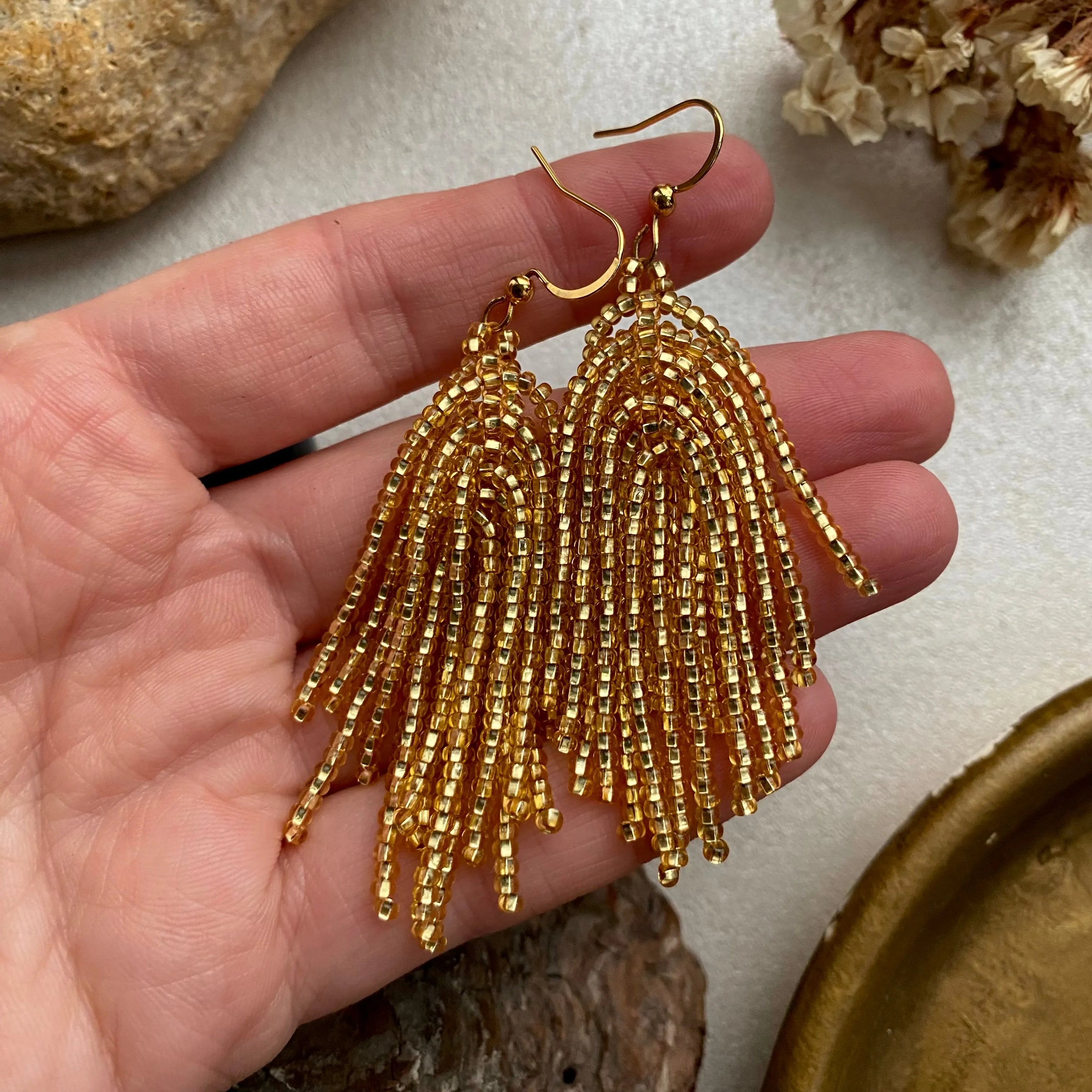 Shiny Gold Seed Bead Tassel Earrings Women, Long dangle Tassle earrings Festive, Bohemian earrings, Boho Earrings, Unique Statement Earrings