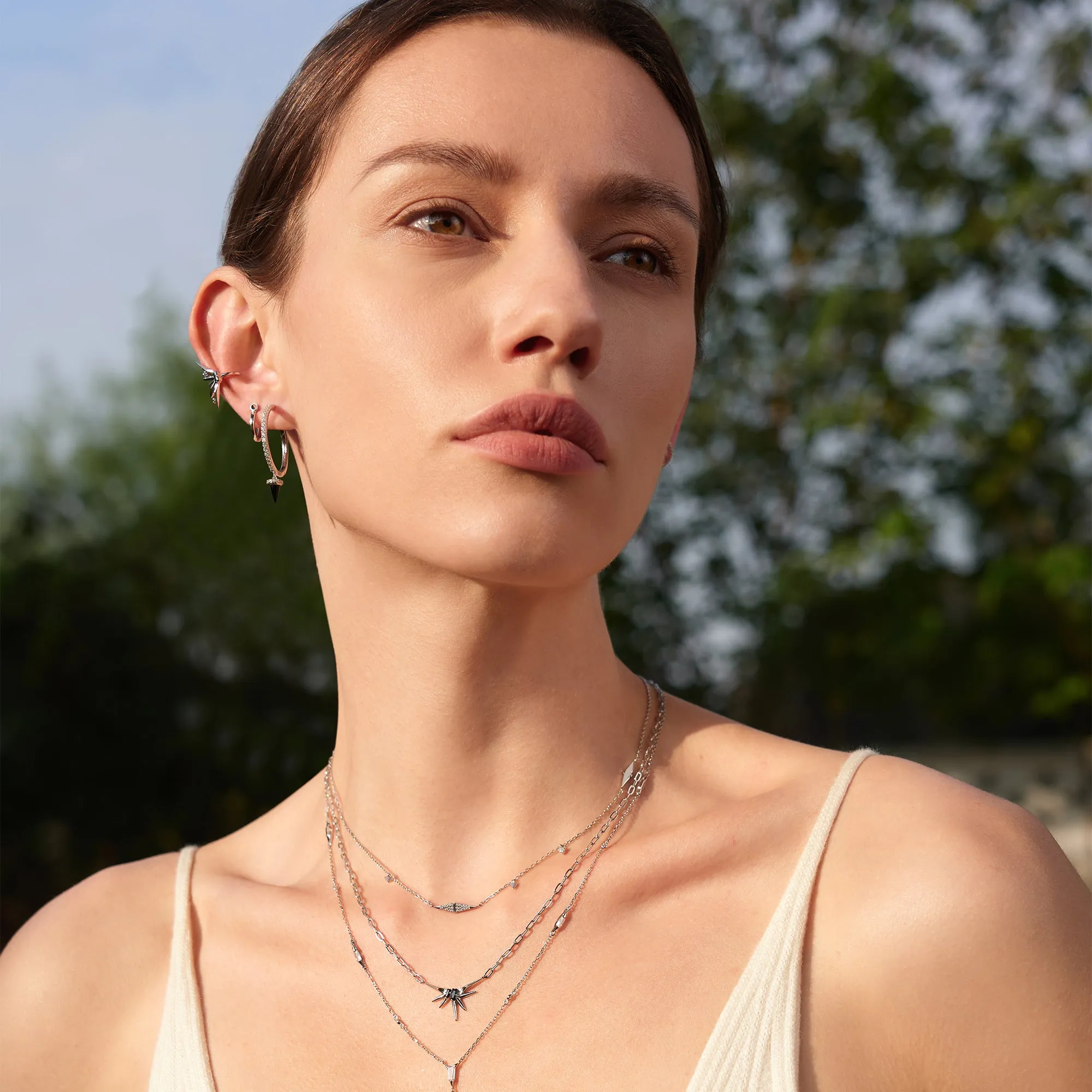 Silver Black Agate Huggie Hoop Earrings