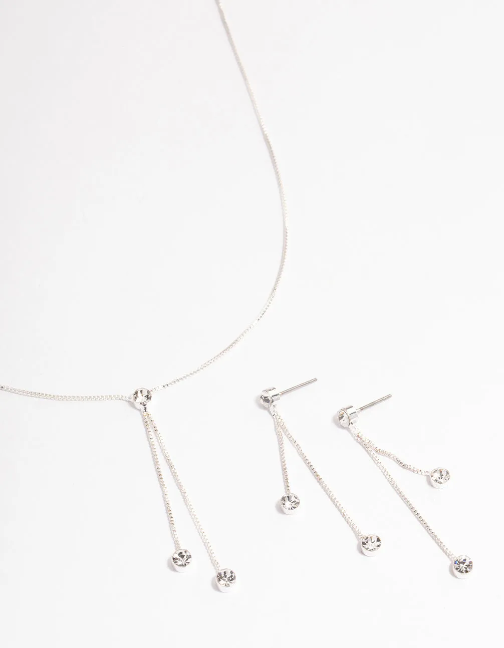 Silver Diamante Y-Shape Necklace & Drop Earrings Jewellery Set