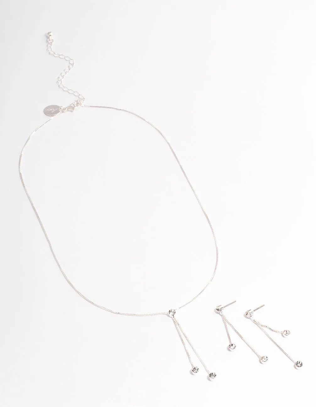 Silver Diamante Y-Shape Necklace & Drop Earrings Jewellery Set