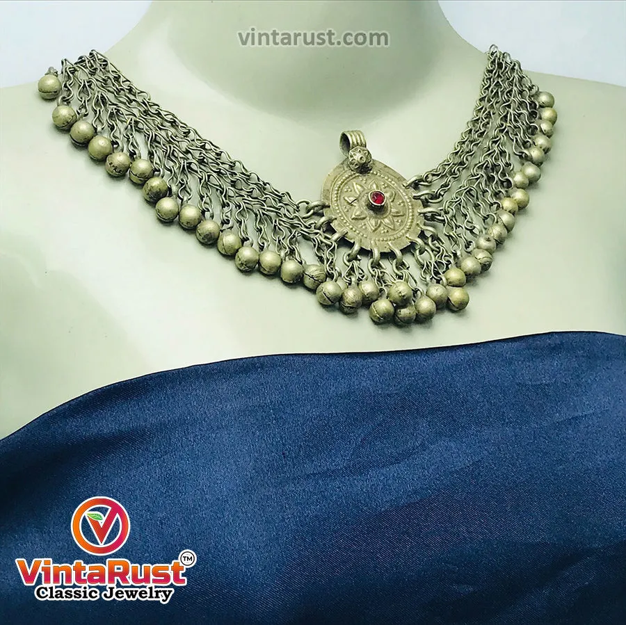 Silver Kuchi Bells Choker Necklace With Vintage Pendant