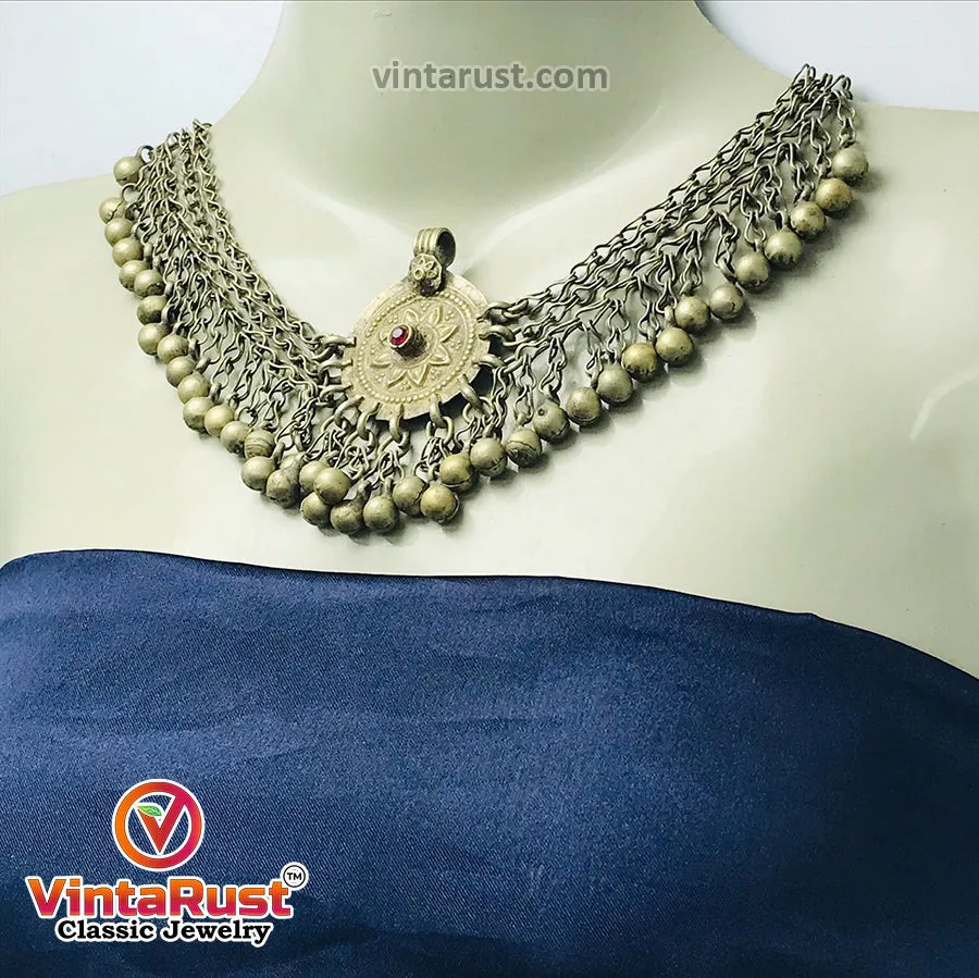 Silver Kuchi Bells Choker Necklace With Vintage Pendant