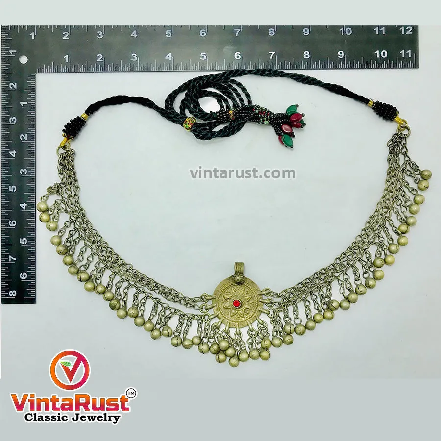 Silver Kuchi Bells Choker Necklace With Vintage Pendant