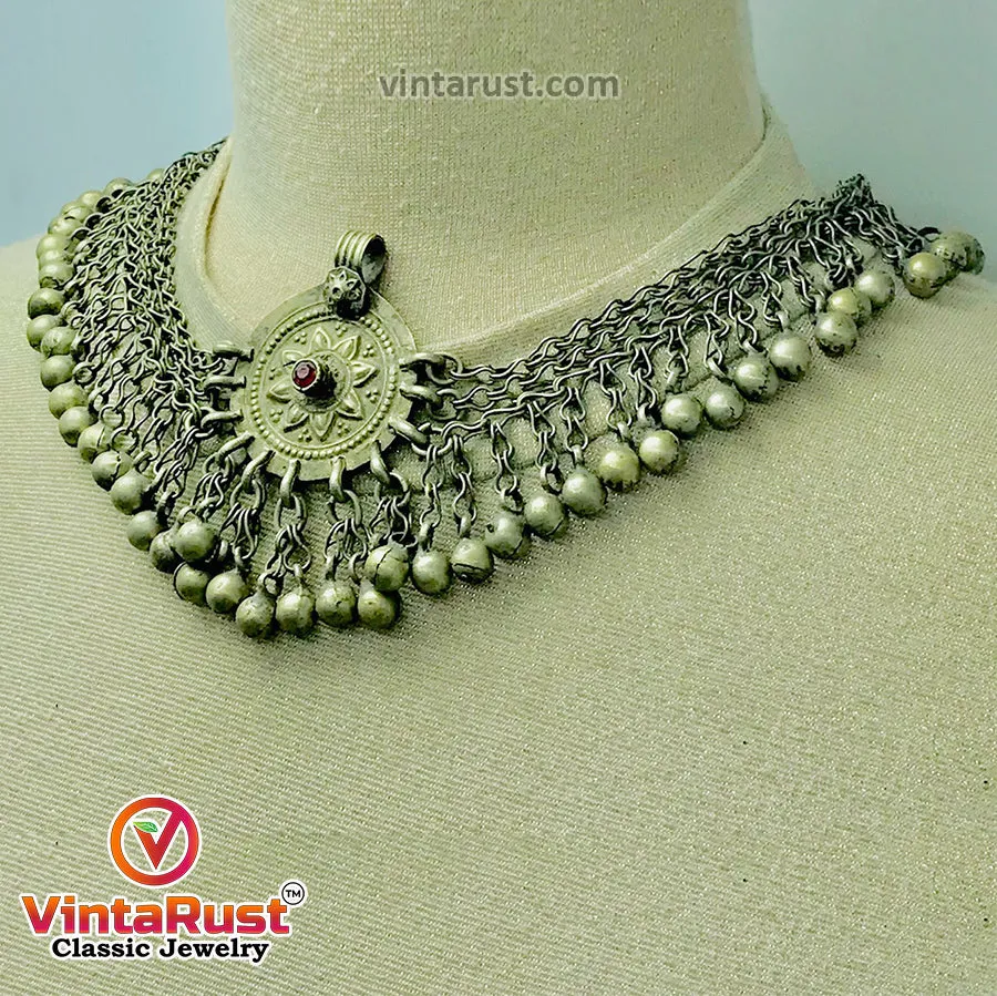 Silver Kuchi Bells Choker Necklace With Vintage Pendant