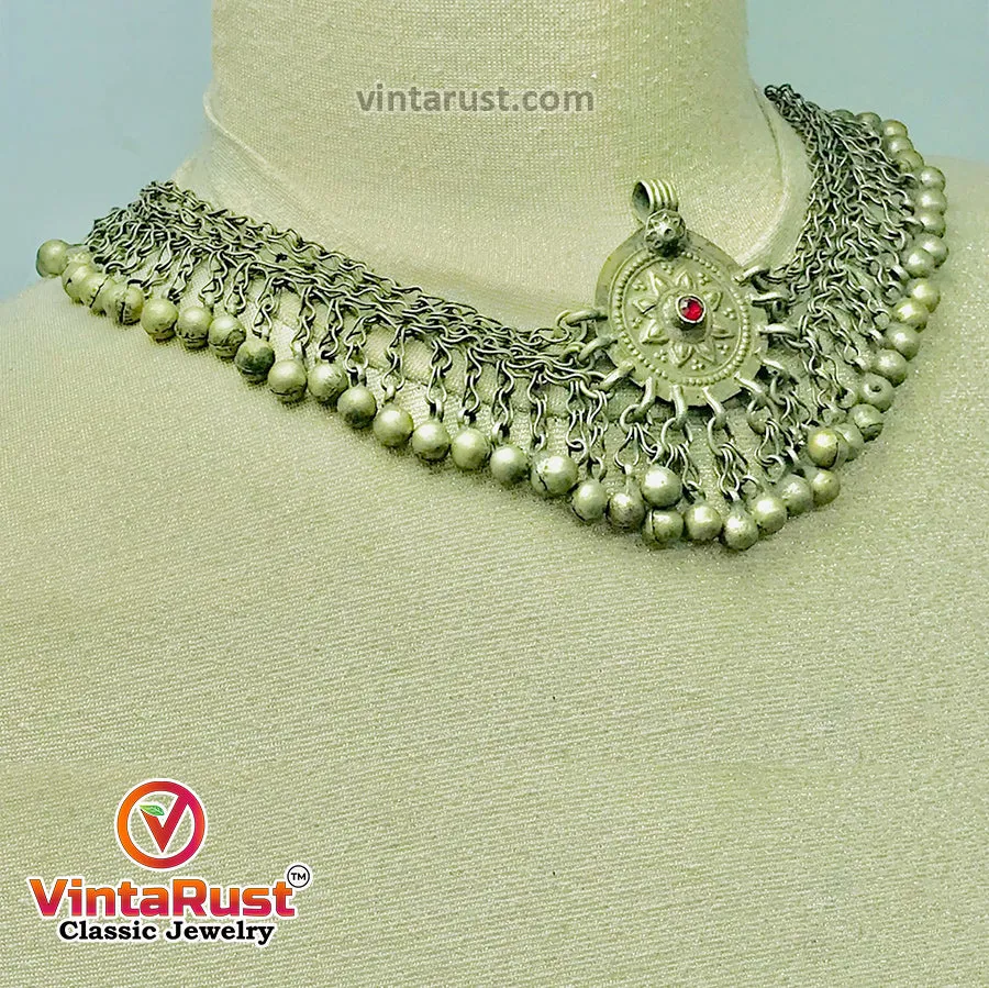 Silver Kuchi Bells Choker Necklace With Vintage Pendant