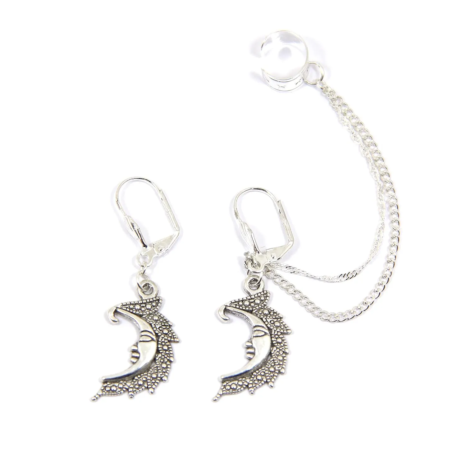 Silver moon ear cuff Handmade celestial earrings Fake cartilage cuffs Bohemian half moon dangling ear wrap Silvery Christmas jewellery gift Double chained ear cuffs Crescent ear climber