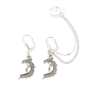 Silver moon ear cuff Handmade celestial earrings Fake cartilage cuffs Bohemian half moon dangling ear wrap Silvery Christmas jewellery gift Double chained ear cuffs Crescent ear climber
