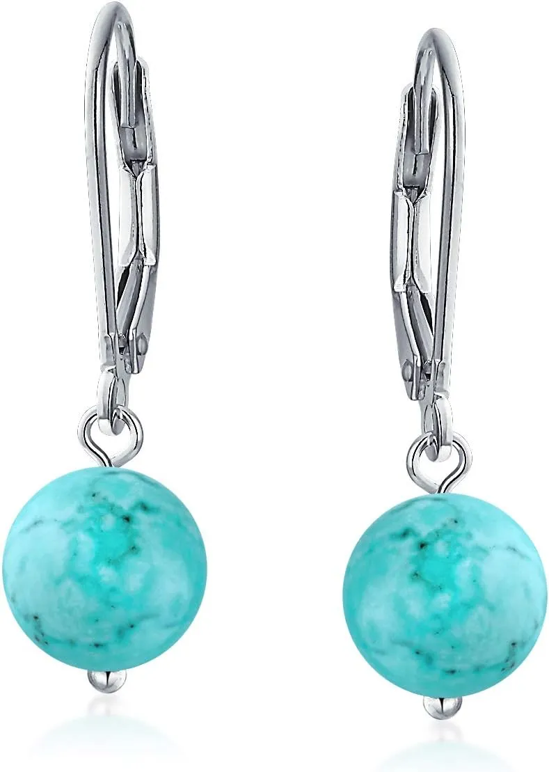 Simple Basic Gemstone Round 8MM Bead Ball Drop Dangle Earrings For Women Teen Secure Hinge Lever back .925 Sterling Silver Birthstones More Colors