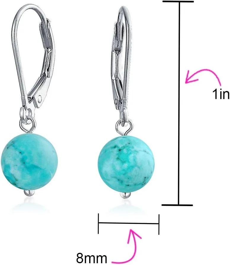 Simple Basic Gemstone Round 8MM Bead Ball Drop Dangle Earrings For Women Teen Secure Hinge Lever back .925 Sterling Silver Birthstones More Colors