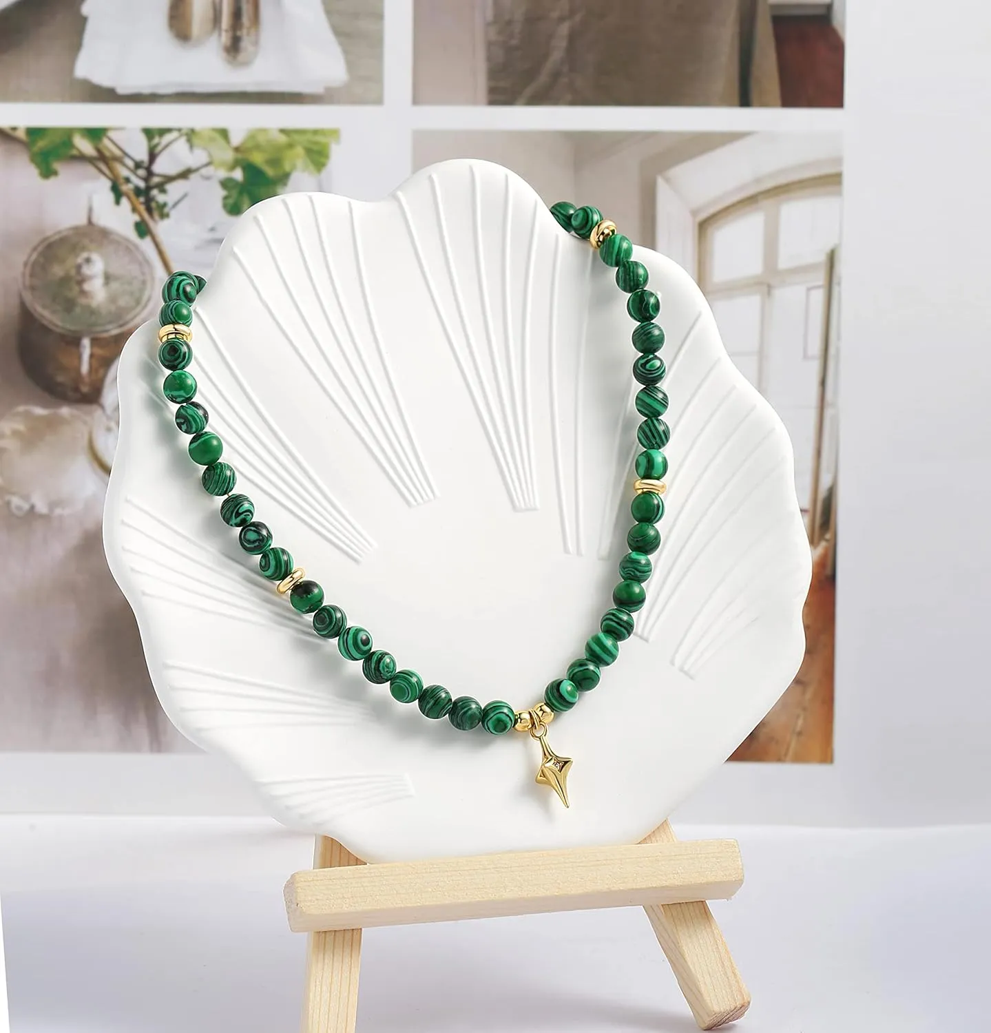 SOFYBJA Tiger Eye Beaded Necklace Green Malachite Beads Choker Necklace Gold Star Zircon Pendant Necklace Women Chakra Healing Gemstone Jewelry Amulet Gifts