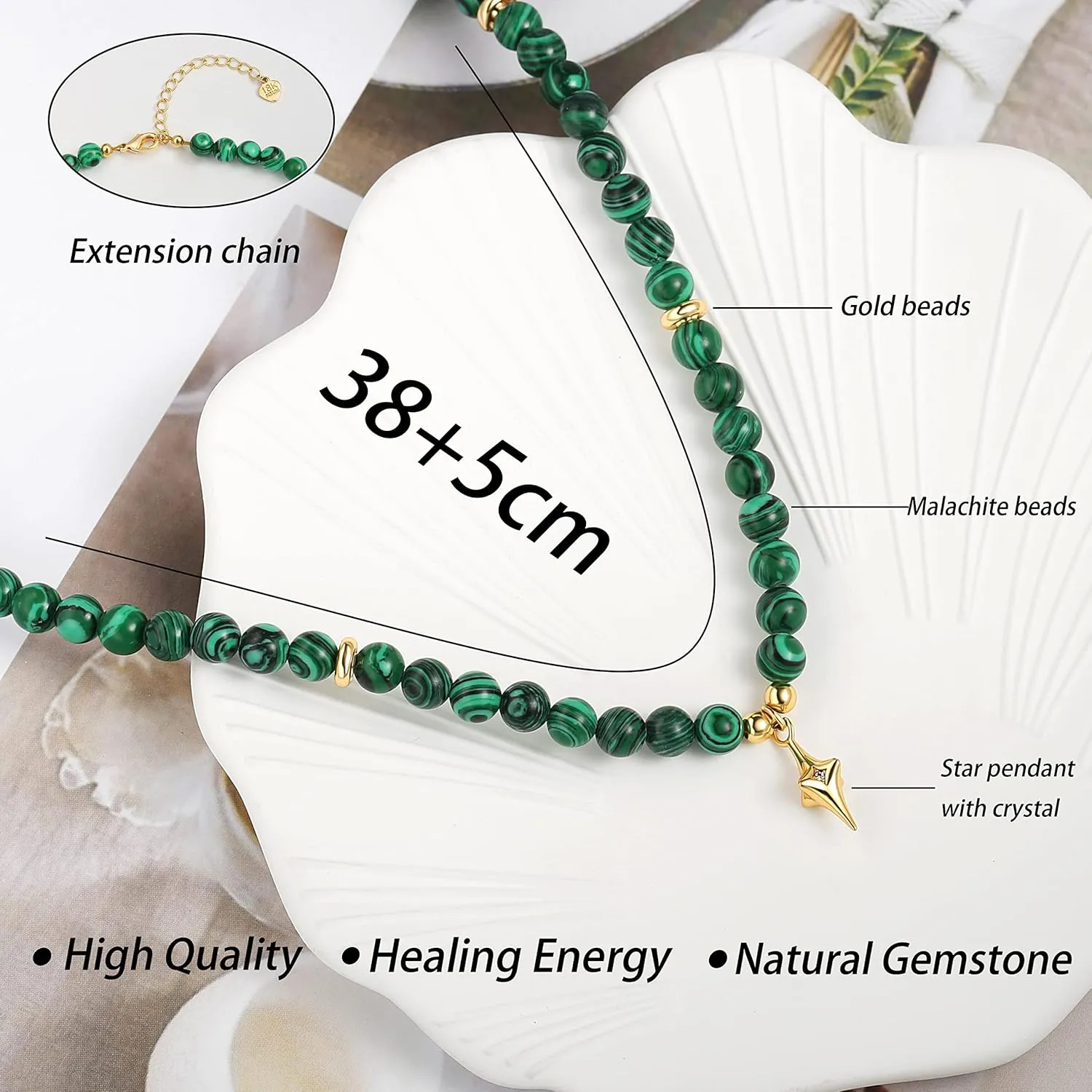SOFYBJA Tiger Eye Beaded Necklace Green Malachite Beads Choker Necklace Gold Star Zircon Pendant Necklace Women Chakra Healing Gemstone Jewelry Amulet Gifts