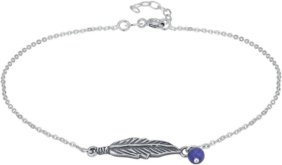 Sterling Silver Jewelry - Rhodium Plated with 925 Stamp - Bohemian Feather with beaded chain Anklet - Foot Jewelry Stylish Beautifully Designed - 9" long   1" extender