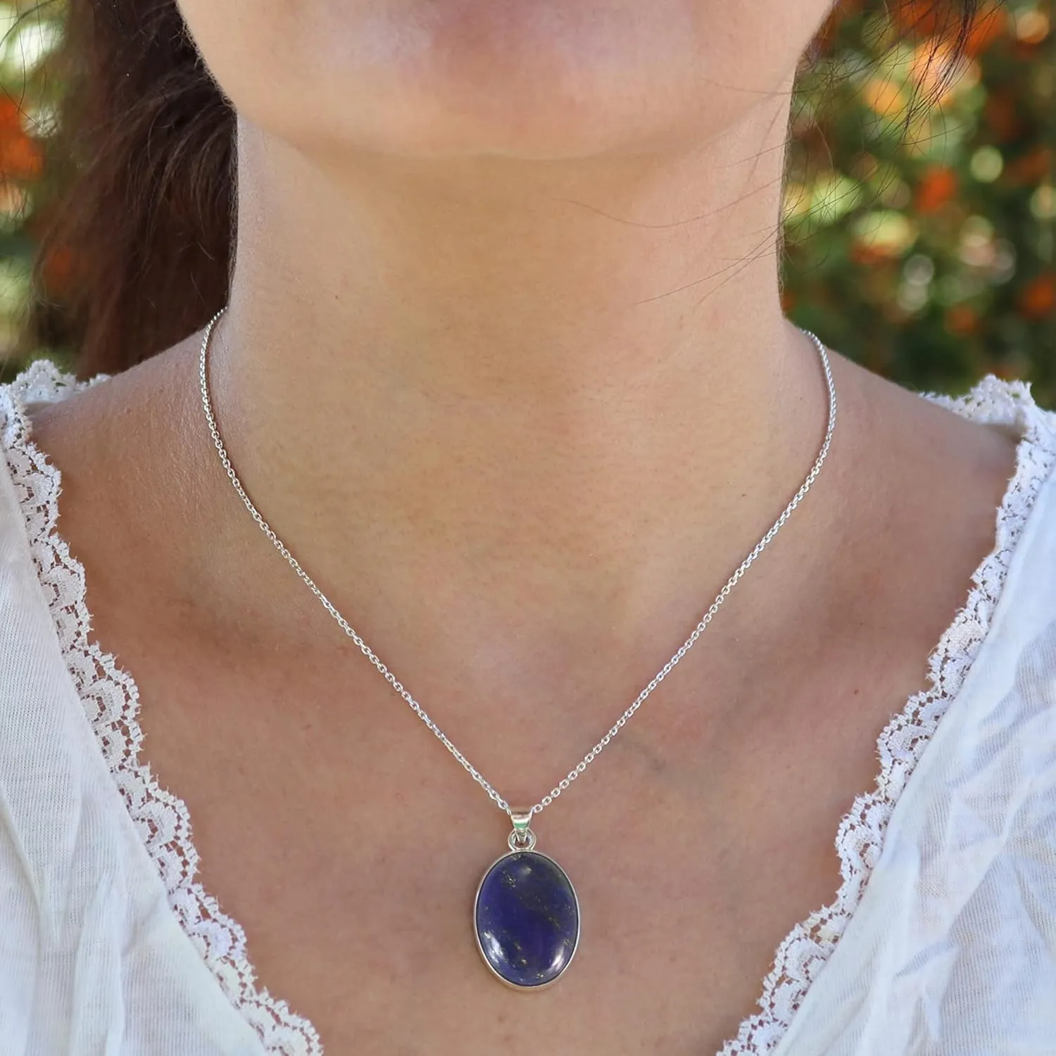 Sterling Silver Oval Navy Blue Lapis Lazuli Handmade Pendant Necklace with 16 2 inch Chain for Women & Men - 15x20mm - December Birthstone Jewelry