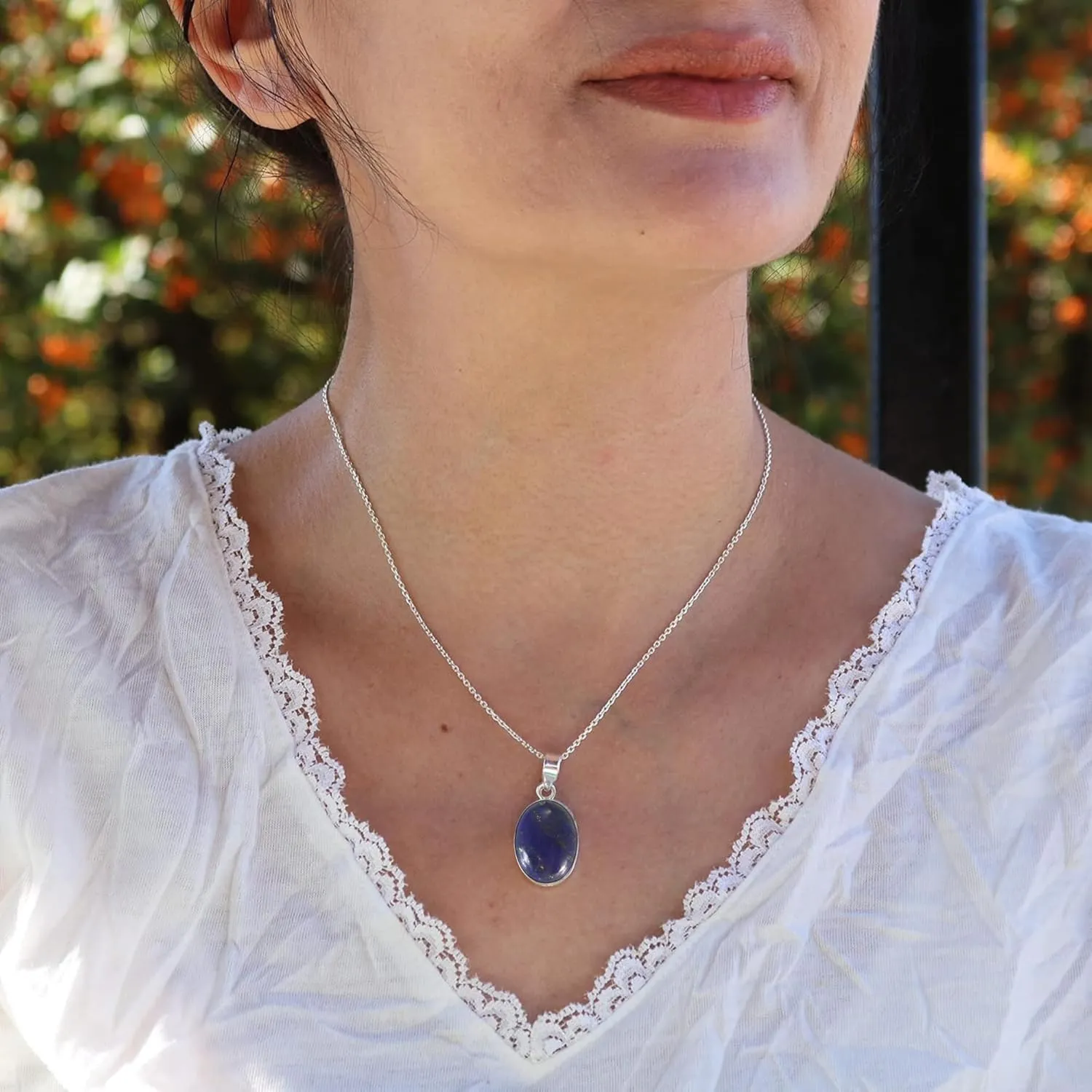 Sterling Silver Oval Navy Blue Lapis Lazuli Handmade Pendant Necklace with 16 2 inch Chain for Women & Men - 15x20mm - December Birthstone Jewelry