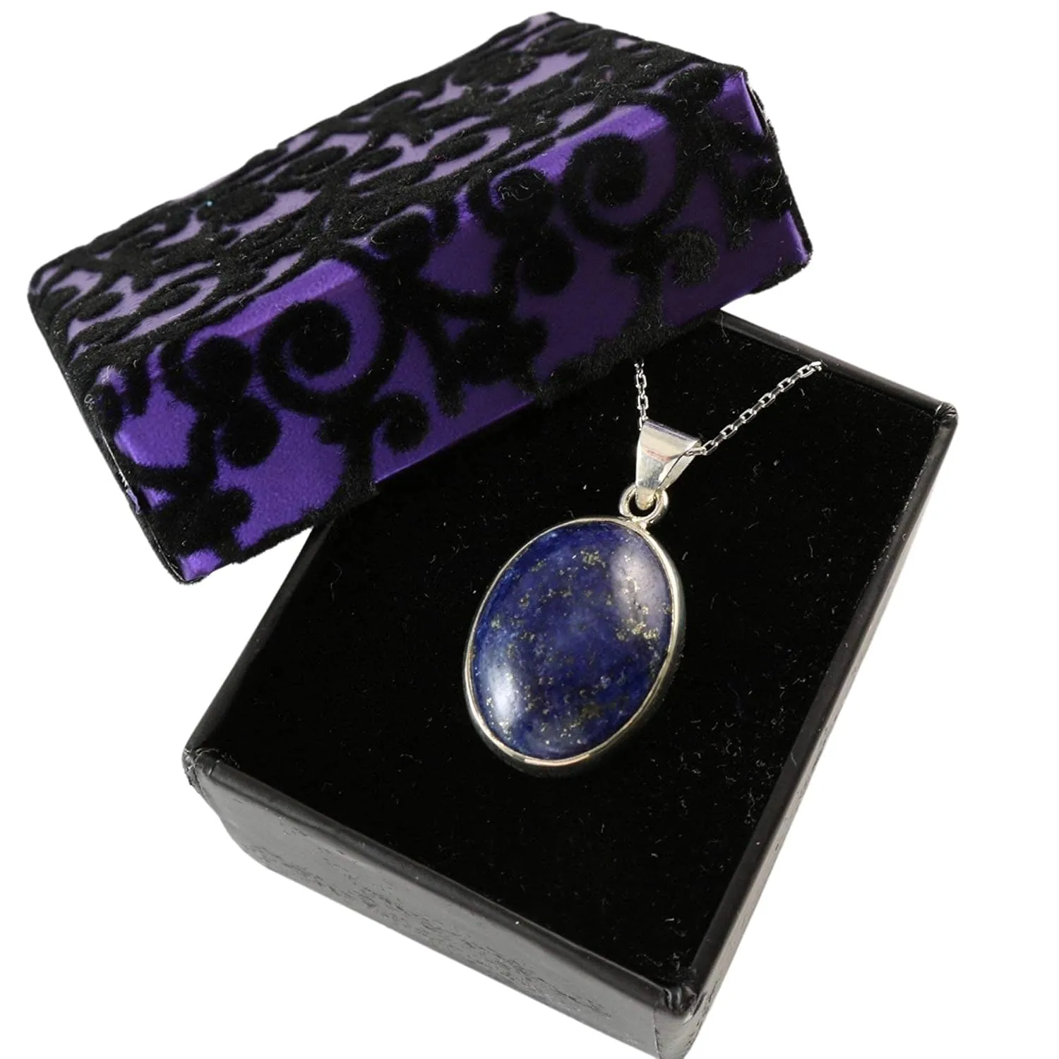 Sterling Silver Oval Navy Blue Lapis Lazuli Handmade Pendant Necklace with 16 2 inch Chain for Women & Men - 15x20mm - December Birthstone Jewelry