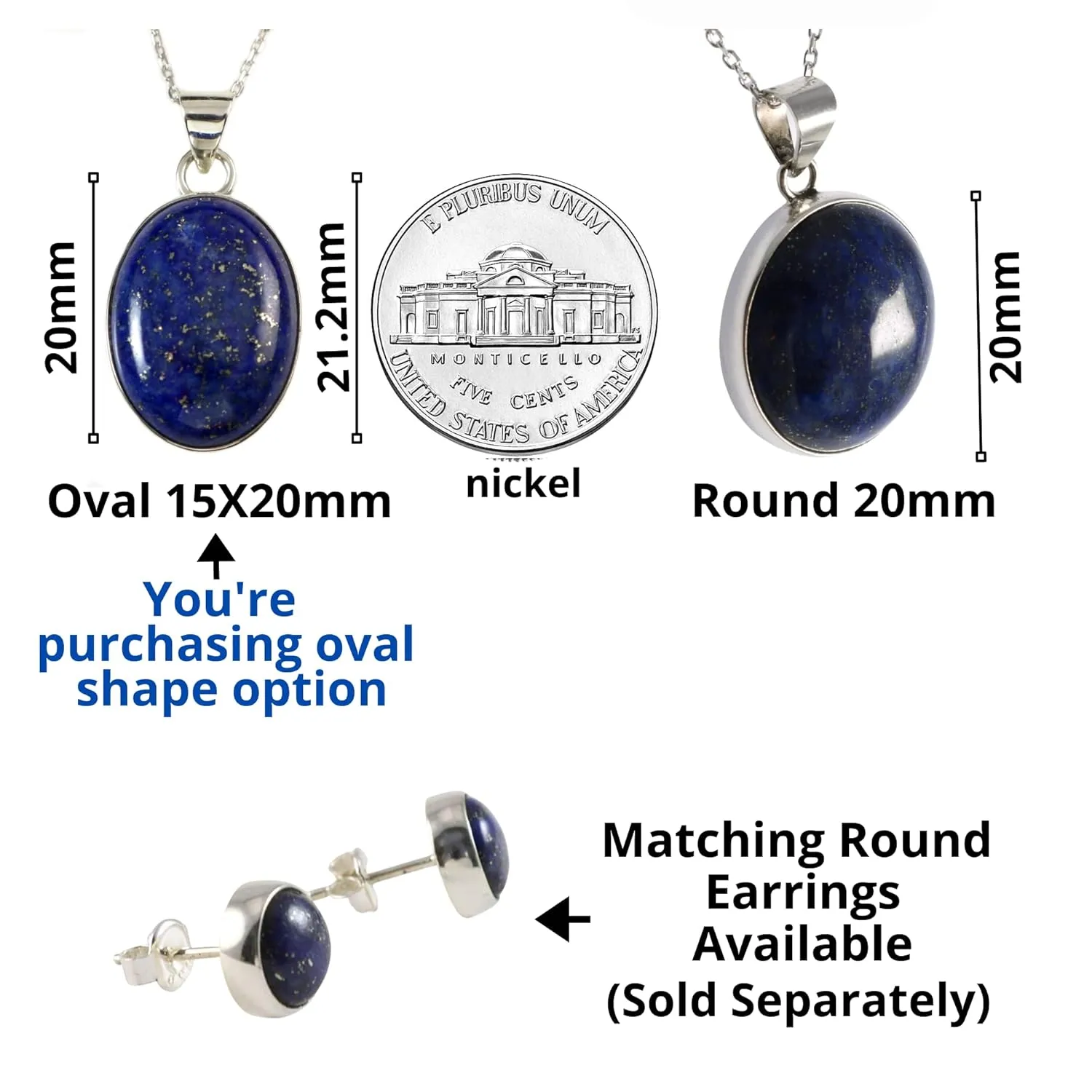 Sterling Silver Oval Navy Blue Lapis Lazuli Handmade Pendant Necklace with 16 2 inch Chain for Women & Men - 15x20mm - December Birthstone Jewelry