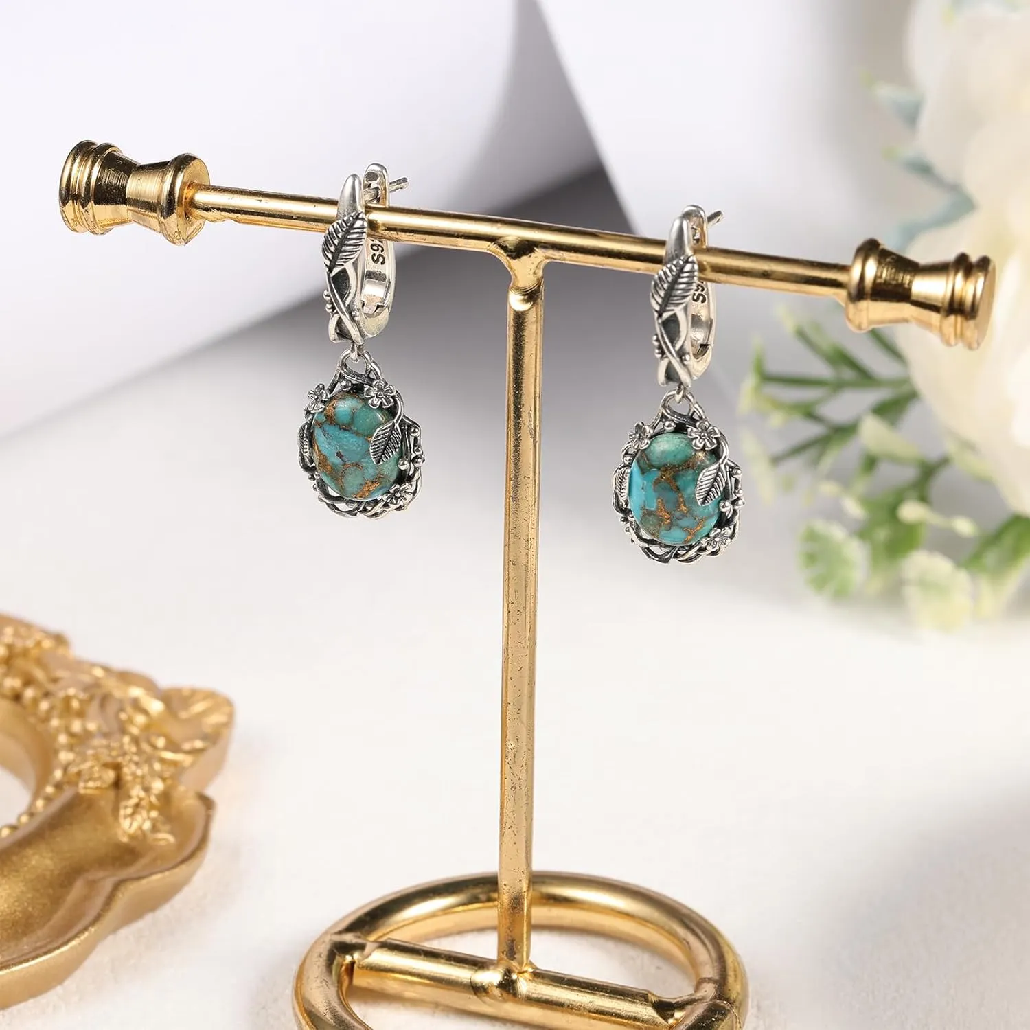 Teal/Blue/Purple Oval Turquoise Dangle Earrings for Women Leaf Vine Flower Latch Back 925 Sterling Silver Earring Vintage Oxidised Boho Turquoise Jewelry Valentines Day Gift for Her