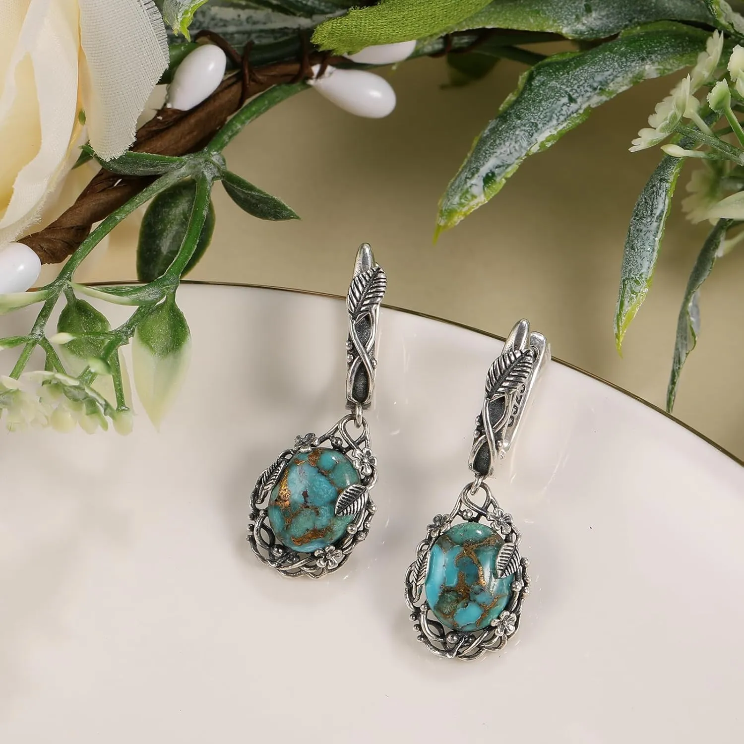 Teal/Blue/Purple Oval Turquoise Dangle Earrings for Women Leaf Vine Flower Latch Back 925 Sterling Silver Earring Vintage Oxidised Boho Turquoise Jewelry Valentines Day Gift for Her