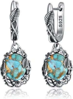 Teal/Blue/Purple Oval Turquoise Dangle Earrings for Women Leaf Vine Flower Latch Back 925 Sterling Silver Earring Vintage Oxidised Boho Turquoise Jewelry Valentines Day Gift for Her