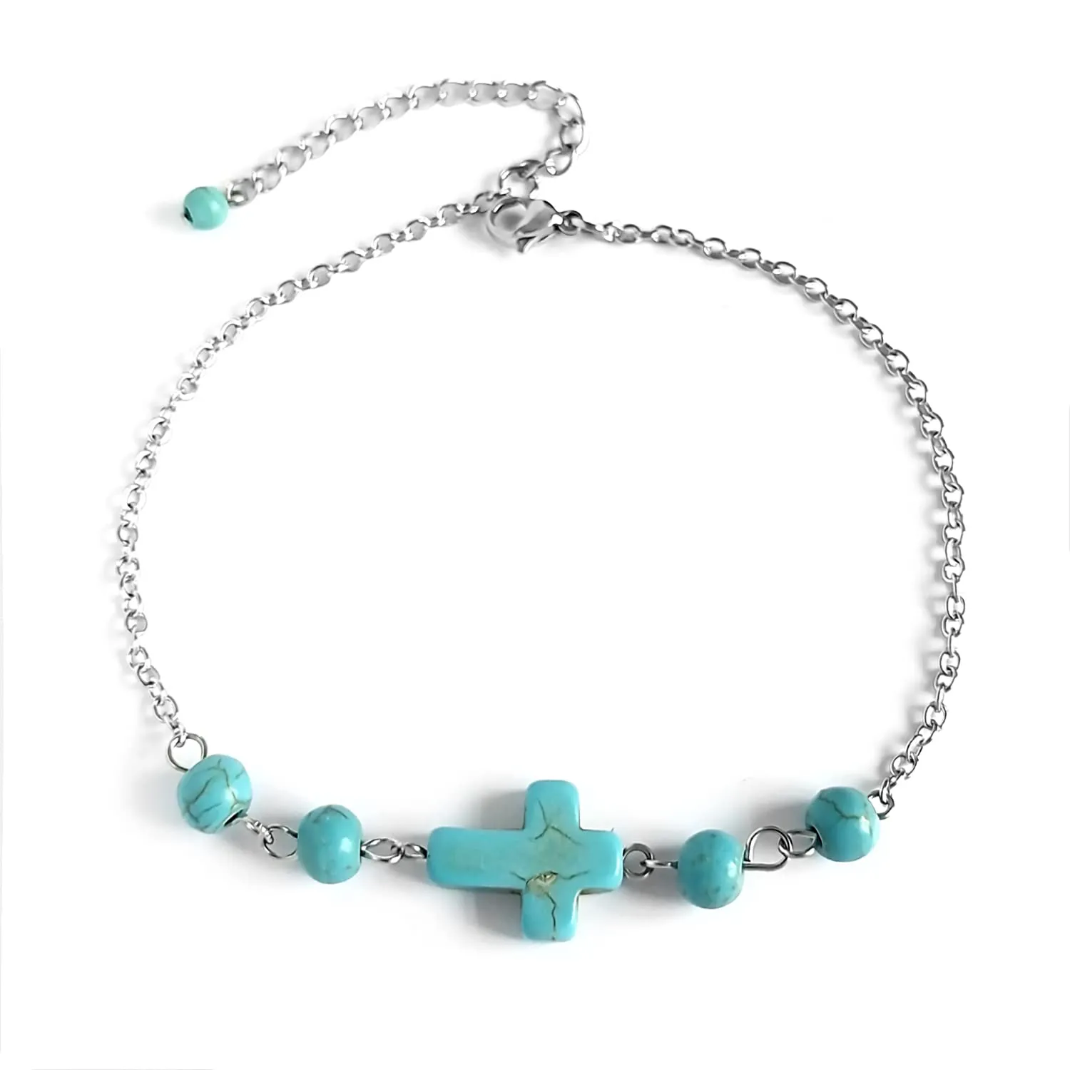 Turquoise Anklet for Women Cross Turquoise Anklet Summer Beach Swimming Party Women Gift (Turquoise)