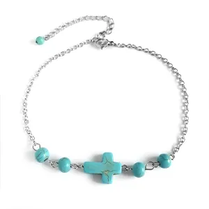 Turquoise Anklet for Women Cross Turquoise Anklet Summer Beach Swimming Party Women Gift (Turquoise)